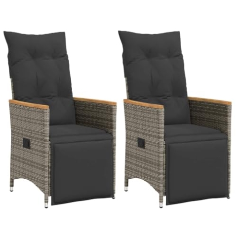 vidaXL Gartensessel mit Kissen 2 STK., Verstellbar Gartenstuhl mit Stahlrahmen, Loungesessel für Außenbereich, Relaxsessel Sthulset, Grau Poly Rattan
