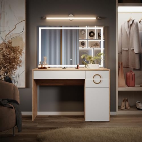 Vicco Schminktisch Adela, Weiß/Natural Rockford Hickory, mit LED-Spiegel