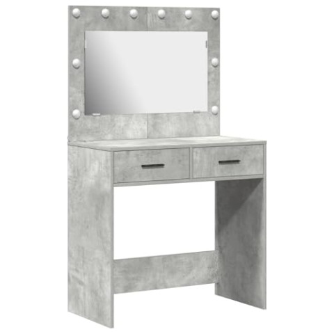 vidaXL Moderner Beton-Grauer Schminktisch mit Spiegel und LED-Leuchten – Stylische Make-up Aufbewahrungseinheit für Schlafzimmer mit gelungenem Design und viel Stauraum