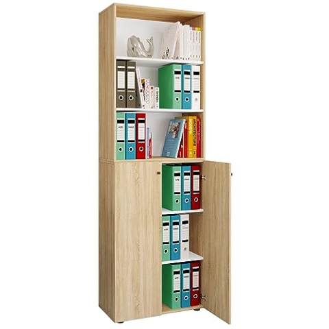 VCM Büroschrank mit 6 Fächern | Büroregal | moderner Aktenschrank mit Drehtüren | Maße ca. H. 220 x B. 70 x T. 40cm – Lona 6-Fach Sonoma-Eiche