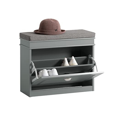 SoBuy FSR82-K-HG Schuhkipper Schuhschrank mit Klappe Schuhbank mit Sitzkissen Schuhkommode Sitzbank Hellgrau BHT ca.: 61x51x24cm