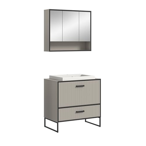 xonox.home Badezimmer Bagno 2tlg. Kombination Badmöbel Set kleine Bäder Komplettprogramm Bademöbel-Set in Kaschmir beige Nb. Absetzung schwarz Nb.
