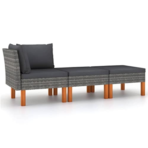 vidaXL Eukalyptusholz Massiv Gartenmöbel 3-TLG. Ecksofa Fußhocker Sitzgruppe Sofa Lounge Garten Garnitur Gartenset Gartensofa Poly Rattan