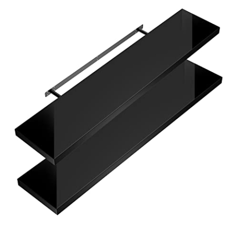 Casaria® 2X Wandregal Holz Schwarz Hängeregal mit Halterung 15kg Tragkraft Küche Wohnzimmer Flur Schweberegal Bücherregal Schwebend Hochglanz 70cm