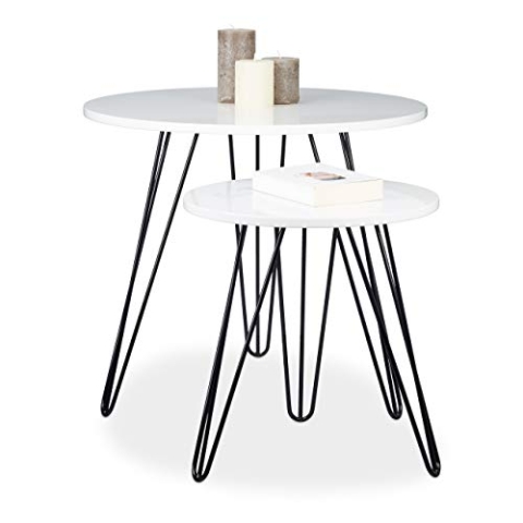 Relaxdays Beistelltisch Weiss 2er Set, runder Dreibeiner, Holz Sofatisch für Wohnzimmer, HxD: 52 x 60 cm, glänzend Weiß