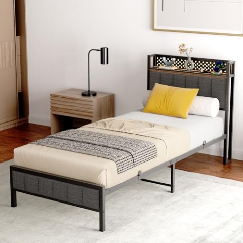 OKYION Polsterbett Metallbett Kopfteil mit Steckdose, Bettgestell Jugendbett mit 2 USB-Ladeanschlüssen, LED-Beleuchtung 90x200 cm,ohne Matratze