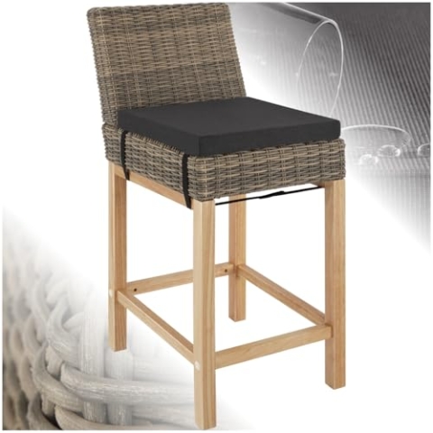 tectake® Alu Rattan Barhocker mit Lehne, Bar Hocker mit Kissen und Fußstütze, 45 x 62,5 x 99 cm, Outdoor Barhocker Holz Beine, wetterfest, Bistro Hocker für Theke, Balkon, Garten, Terrasse - Natur
