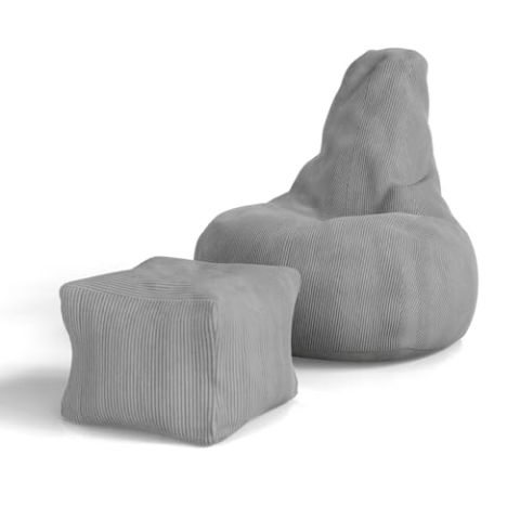 Juskys Sitzsack Chillex XL mit Hocker - Cord Sessel für Erwachsene - Füllung Memoryschaumstoff - Gaming & Lesesessel bequem - Bean Bag - Hellgrau