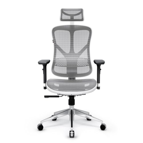 Diablo V-Basic Bürostuhl Ergonomisch Schreibtischstuhl Drehstuhl mit integrierter Lendenwirbelstütze 3D Armlehnen Verstellbare Kopfstütze Wippfunktion Höhenverstellbar (weiß/grau)