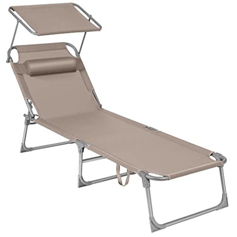 SONGMICS Sonnenliege, klappbarer Liegestuhl, 193 x 53 x 29 cm, trägt bis zu 150 kg, Sonnenschutz, Kopfkissen, verstellbare Rückenlehne, für Garten, Pool, Terrasse, taupe GCB192K01