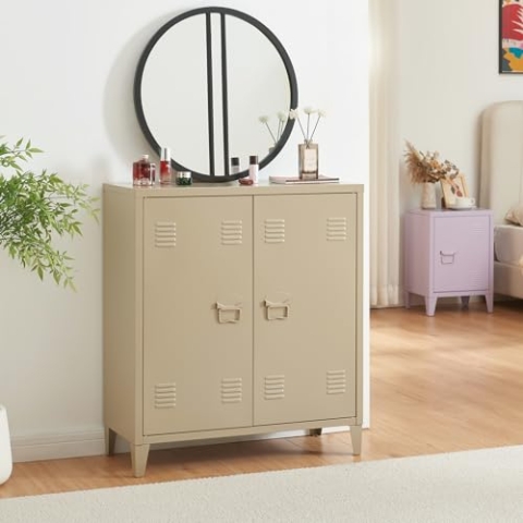 [en.casa] Metallschrank Oripää Wohnzimmerschrank 90 x 80 x 33 cm Aktenschrank Werkstattschrank mit 2 Türen und Einer höhenverstellbaren Ablage Kamelfarben