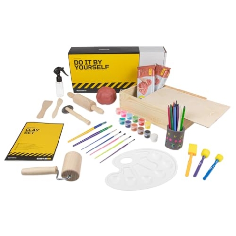 DIBYS Töpfer-Set für Kinder | Mit Ton lufttrocknend & Terracotta, Holzwerkzeug, Farben & Anleitung | Kreatives DIY-Set mit Box zum Basteln & Bemalen | Geschenk-Ideen für Mädchen & Jungen