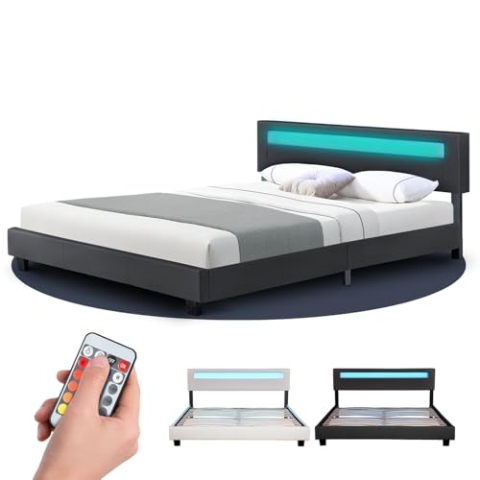Juskys Polsterbett Paris 180x200 cm mit LED Beleuchtung, Lattenrost & Kopfteil - Kunstleder & Holz - grau - Bett Doppelbett Bettgestell