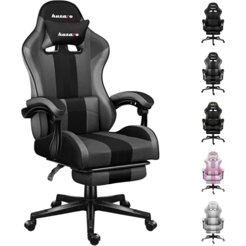 huzaro Force 4 7 Gaming Stuhl Bürostuhl Schreibtischstuhl Gamer Sessel bis 140 kg belastbar Duale Neigung Armlehnen Nackenkissen Lendenkissen Fußstütze Grau Mesh
