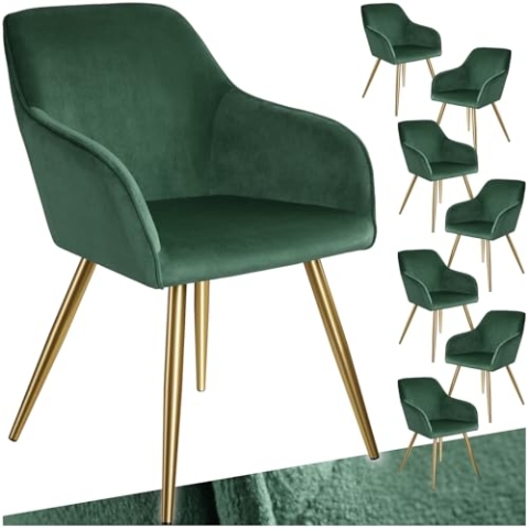 tectake® Esszimmerstühle mit Armlehne, Stuhl, Samt Polster Stühle, Möbel für Esstisch, Schminktisch, Wohnzimmer, Esszimmer, Arbeitszimmer, ergonomischer Dining Chair - dunkelgrün/Gold, 8er Set