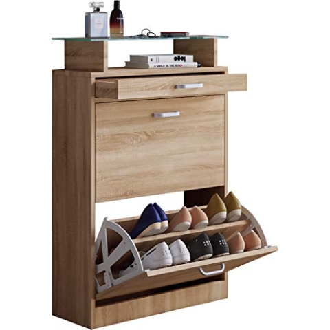 VCM Holz Schuhschrank | Maße: H. 91 x B. 59 x T. 22 cm | 2 Klappen | schmale Schublade | praktische Ablage - Sipos M Sonoma-Eiche