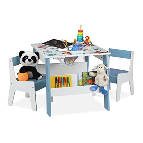 Relaxdays Kindersitzgruppe, Hunde-Motiv, Kindertisch Set, 2 Stühle, Kindersitzkombination, mit Stauraum & Tafel, bunt, Hellblau, Weiß, Schwarz