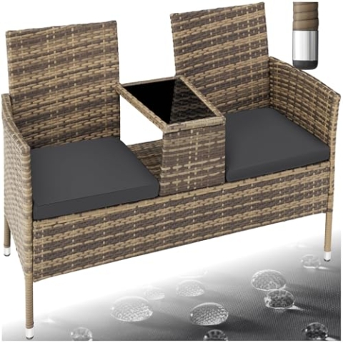 tectake® Outdoor Sitzbank mit integriertem Tisch, Gartenbank Lounge Sitzgruppe für 2, für Wintergarten, Balkon, Rattan Gartenmöbel - Natur/dunkelgrau
