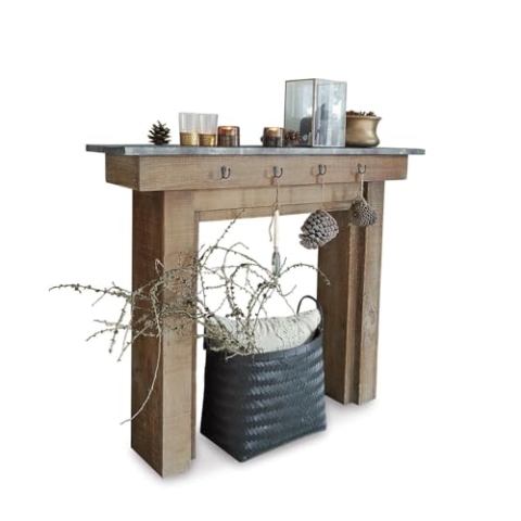 Loberon Kaminkonsole Lesterby, Landhaus-Stil, mit Stabilen Haken für Dekorationen, Kaminumrandung, Wohn-Accessoire, Kiefernholz, Eisen, braun/grau