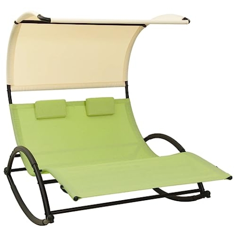 vidaXL Doppel Sonnenliege mit Sonnendach Doppelliege Gartenliege Liege Gartenmöbel Relaxliege Strandliege Freizeitliege Textilene Grün Creme