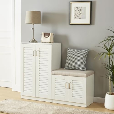 [en.casa] Schuhschrank Løten Schuhregal Flurschrank mit 4 Türen und 9 Ablagen Sideboard 120 x 36 x 97 cm bis zu 18 Paar Schuhablage mit gepolsterter Sitzbank Schuhaufbewahrung Weiß