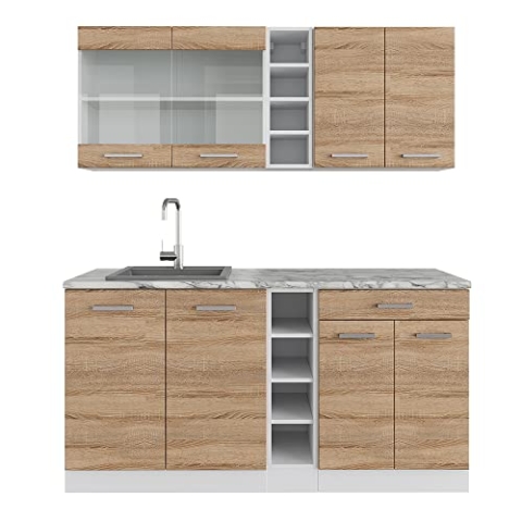 Vicco Singleküche R-Line, Küchenzeile Single, Sonoma/Weiß, 160 cm, AP Marmor