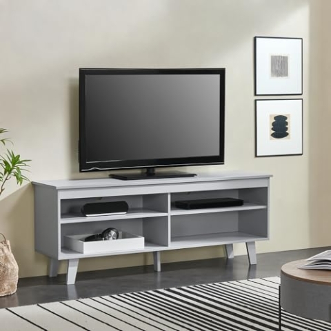 [en.casa] Fernsehtisch Stenløse TV-Lowboard Fernsehschrank Fernsehkommode Hellgrau mit 4 Ablagefächern 150 x 38 x 58 cm mit 2 Kabeldurchlässe für Wohnzimmer