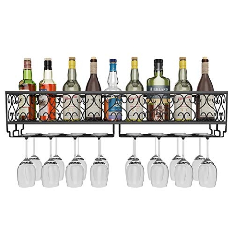 AcornFort® W-612 Metall Schwarz Wandbehang montiert Wein Champagnerglas Kelche Stielgläser Rack Halter, 80 x 20 cm Fass bis zu 18 Flaschen Wein und 18 Tassen Gläser
