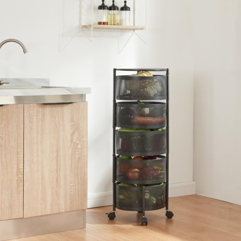 [en.casa] Rollwagen Steigen mit 5 Ebenen mehrlagiges Küchenregal mit Rädern Servierwagen aus Stahl ausklappbare Körbe Regal für Küche, Bad 89,5 x Ø33 cm Schwarz