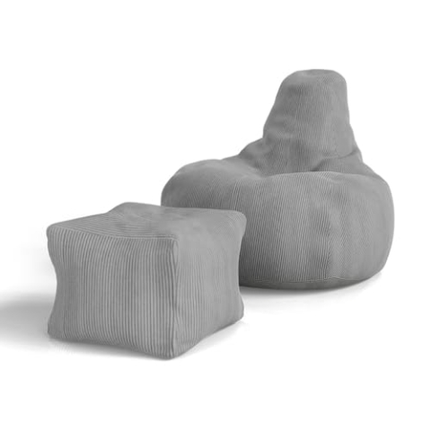 Juskys Sitzsack Chillex L mit Hocker - Cord Sessel für Erwachsene - Füllung Memoryschaumstoff - Gaming & Lesesessel bequem - Bean Bag - Hellgrau
