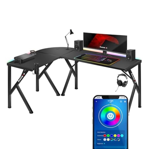 huzaro Hero 6.3 RGB | Eckschreibtisch Gaming Tisch mit RGB-Beleuchtung | Steuerung per App oder Fernbedienung | Beidseitig montierbar | Ergonomisches Design | Kopfhörer- & Getränkehalter