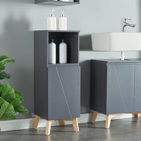 [en.casa] Badezimmerschrank Overath Midischrank schmaler Badschrank mit 1 Tür und offenem Ablagefach Beistellschrank Kommode 86x30x30cm Grau