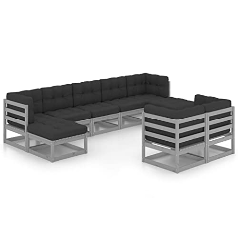 vidaXL Massivholz Kiefer Gartenmöbel 9-TLG. mit Kissen Ecksofa Mittelsofa Fußhocker Sitzgruppe Gartensofa Gartenset Garten Garnitur Sofa Lounge Grau