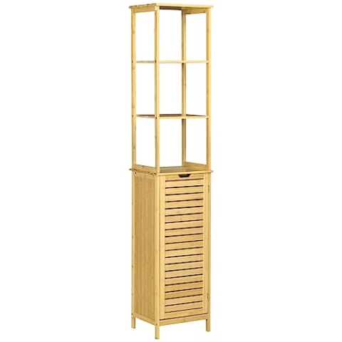 kleankin Badezimmerschrank Badschrank mit 3 offenen Fächer und 1 Schrank, Badmöbel Freistehender Hochschrank für Badezimmer, kleine Räume, Natur 34 x 30 x 173 cm