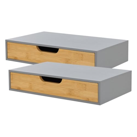 [en.casa] Wandregal 2er Set Bokn mit Schublade Bambus Schweberegal Hängeregal Wandablage Wandboard Nachttisch-Ablage Grau 40 x 24 x 8 cm Wandschublade