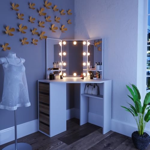Vicco Frisiertisch für die Ecke Arielle, Weiß/Sonoma/Sonoma, 110 cm mit LED Beleuchtung