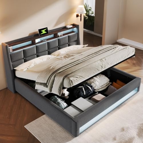 OKYION Boxspringbetten Polsterbett 180x200cm, Doppelbett Hydraulisches Bettkasten mit LED-Erleuchtung und USB(Ohne Matratze),Grau