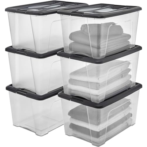 Iris Ohyama Aufbewahrungsboxen mit Deckel, 45L, 6er-Set, Schwarz, Sicherer Verschluss, Stapelbar, Griffe, Schlafzimmer, Schrank, Büro, Organisation, BPA-freies Plastik, Ordnungsboxen, NTB-45