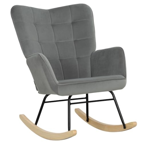 HOMCOM Schaukelstuhl, Schaukelsessel mit Samtoptik, Armlehne, Gepolsterter Sessel mit Holzkufen, Relaxsessel für Wohnzimmer, Schlafzimmer, bis 120kg belastbar, Dunkelgrau