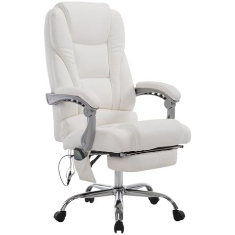 CLP Bürostuhl Pacific Kunstleder I Massage-Funktion I Ergonomisch, 360° Drehbar Mit Fußablage I Höhenverstellbar, Neigbare Rückenlehne, Farbe:weiß