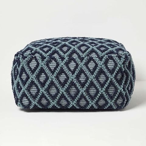 Homescapes Pouf Tula blau-Petrol mit 3D-Rautenmuster 55x30 cm, Sitzsack quadratisch, Sitzquader Bodenkissen