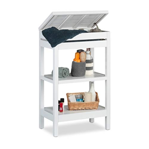 Relaxdays Badregal Bambus, Küchenregal, Standregal, mit 3 Ablagen, Fach mit Klappe, offen, HBT 76,5 x 46 x 29,5 cm, weiß