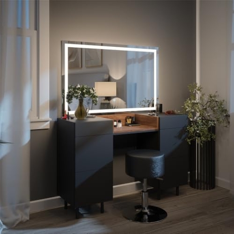 Vicco Schminktisch Anika, Anthrazit/Nussbaum, 120 cm mit LED Spiegel und Hocker