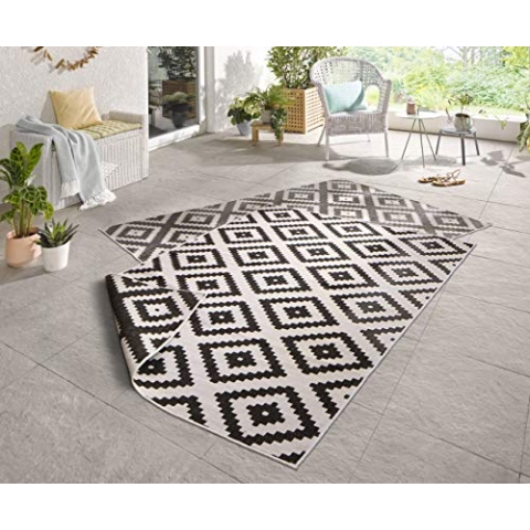 NORTHRUGS Outdoor Teppich Malta-Wendeteppich Wetterfest Modernes Geometrisches Muster Läufer für Balkon Terrasse Garten Wintergarten Wohnzimmerteppich Wasserfest, Polypropylen, Schwarz,Creme, 80x150cm
