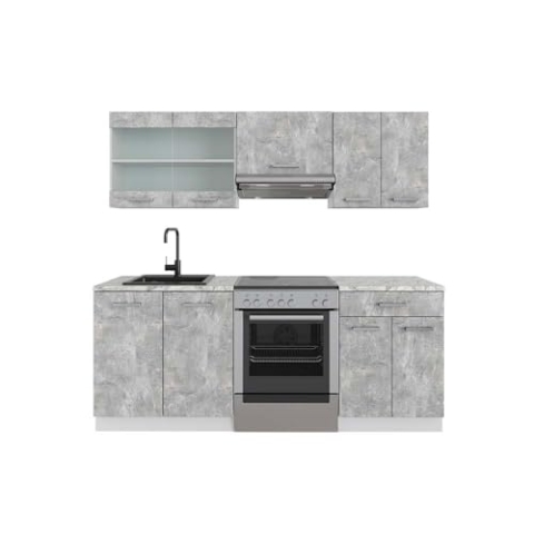Vicco Küchenzeile R-Line, Küchenblock, Beton/Weiß, 200 cm, AP Marmor