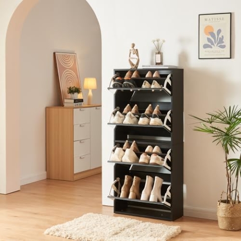 [en.casa] Schuhschrank Lund Schuhkipper mit 4 Klappen verspiegelt Schuhkommode für 16 Paar Schuhe 134 x 60 x 24 cm Schwarz