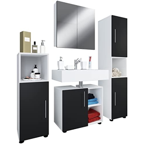 VCM 4-TLG. Badmöbelset | Badmöbel | Set aus Unterschrank, Midischrank, Hochschrank und Spiegel | Badezimmermöbel – Flandu III Weiß/Schwarz