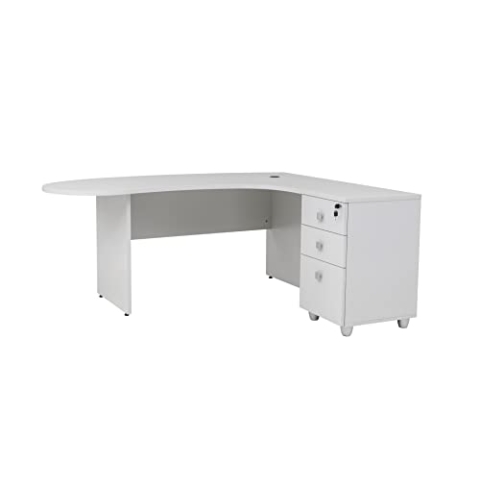 furni24 Schreibtisch Chefschreibtisch Winkeltisch PC Tisch Moderner Bürotisch Computertisch mit großer, Holzbeinen, Arbeitsfläche Gela Grau Dekor rechts gewinkelt Ink.Beistellcontainer mit Schubladen