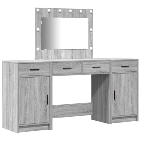 vidaXL Moderner Frisiertisch mit Spiegel und integrierter Beleuchtung, viel Stauraum und Schubladen, ideal für Schlafzimmer, Grau Sonoma Finish, stylisches Makeup-Vanitieset, Möbel mit LED Licht
