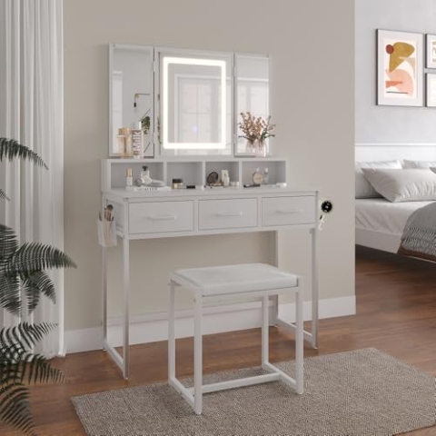 Vicco Schminktisch Mavida, Kosmetiktisch mit Spiegel, Weiß, 90 cm mit LED-Spiegel und Hocker